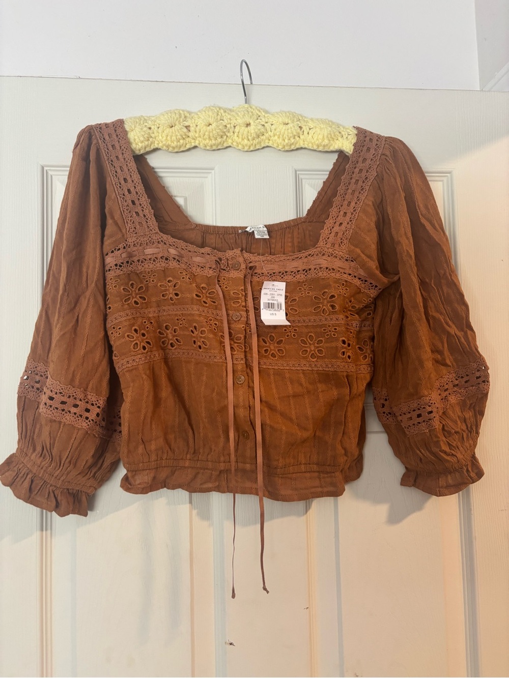 American Eagle Outfitters Rust Brown Eyelet Lace Square-Neck Blouse